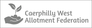 A rectangular logo with an illustration of a cupped hand holding a seedling with its roots encased in soil, with the words Caerphilly West Allotment Federation to its right. The image and text are in grey on a white background.